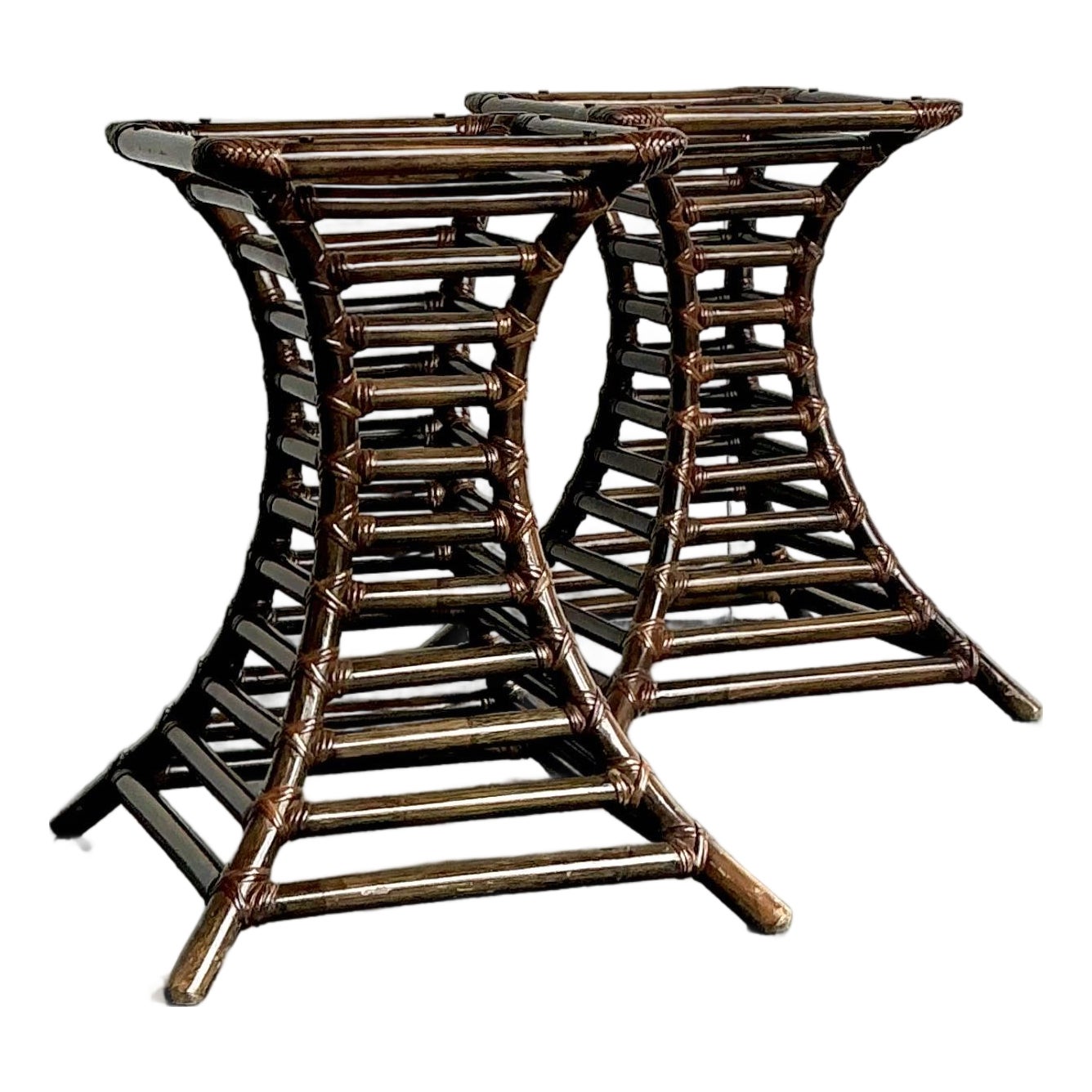 Vintage Boho Willow and Reed Stacked Rattan Table Pedestals - A Pair