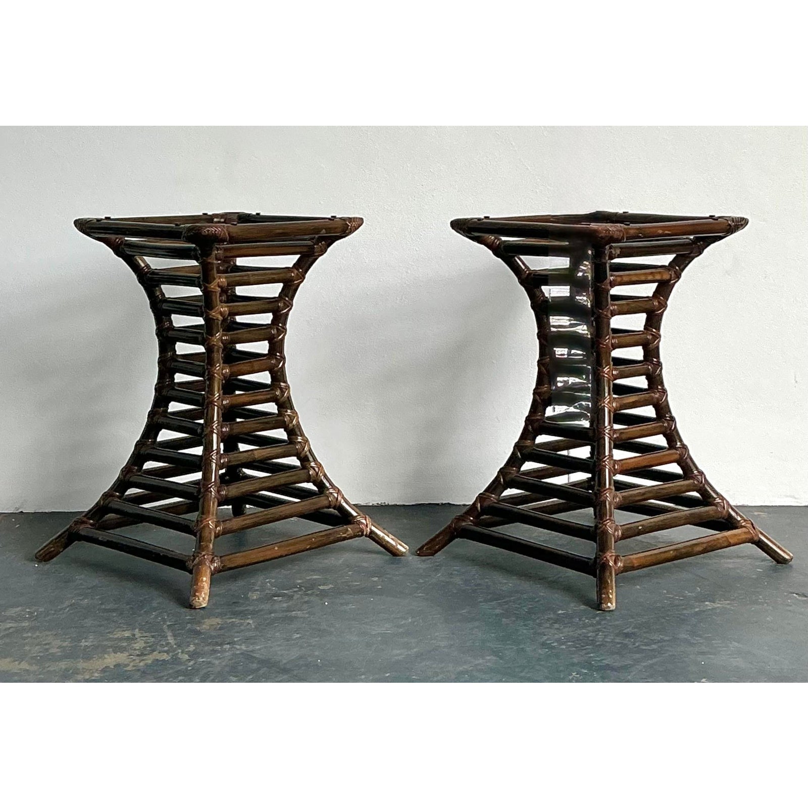 Vintage Boho Willow and Reed Stacked Rattan Table Pedestals - A Pair - Back view