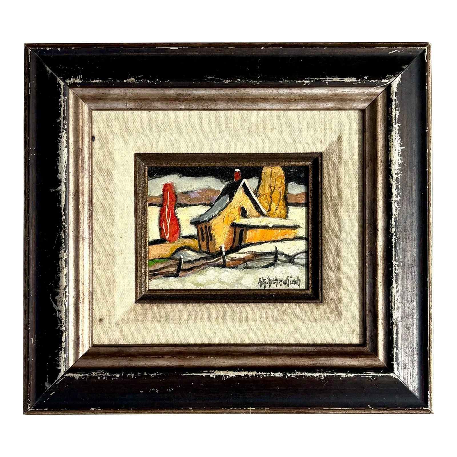 Vintage Boho Winter Farm Oil Painting in Frame