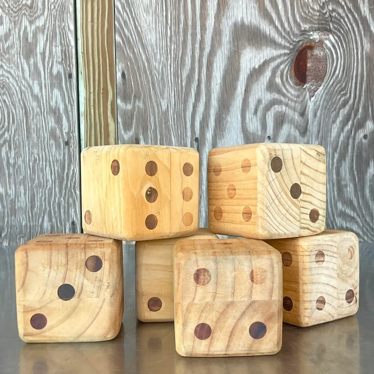 Vintage Boho Wood Block Set of 6 Dice - Back view