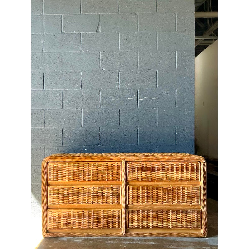 Vintage Boho Woven Rattan Dresser - Top view