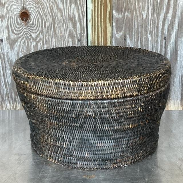 Vintage Boho Woven Rattan Lidded Basket - Detail view
