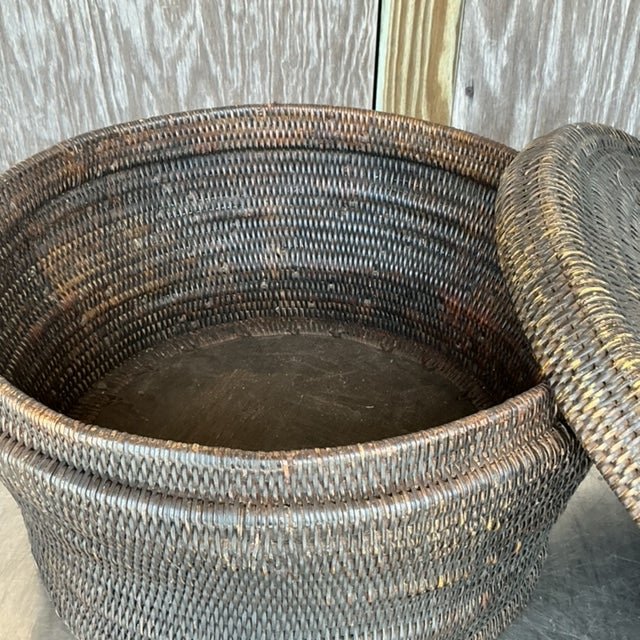 Vintage Boho Woven Rattan Lidded Basket - Top view