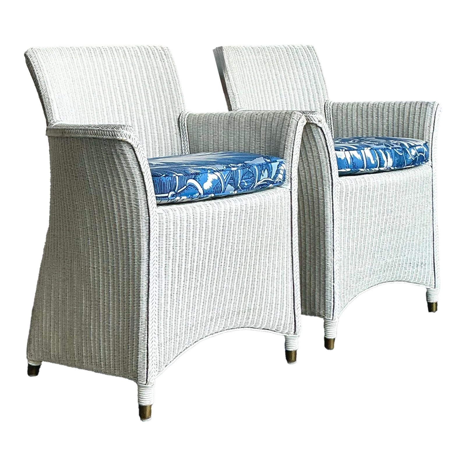 Vintage Boho Woven Rattan Lounge Chairs in Meg Braff Floral- A Pair