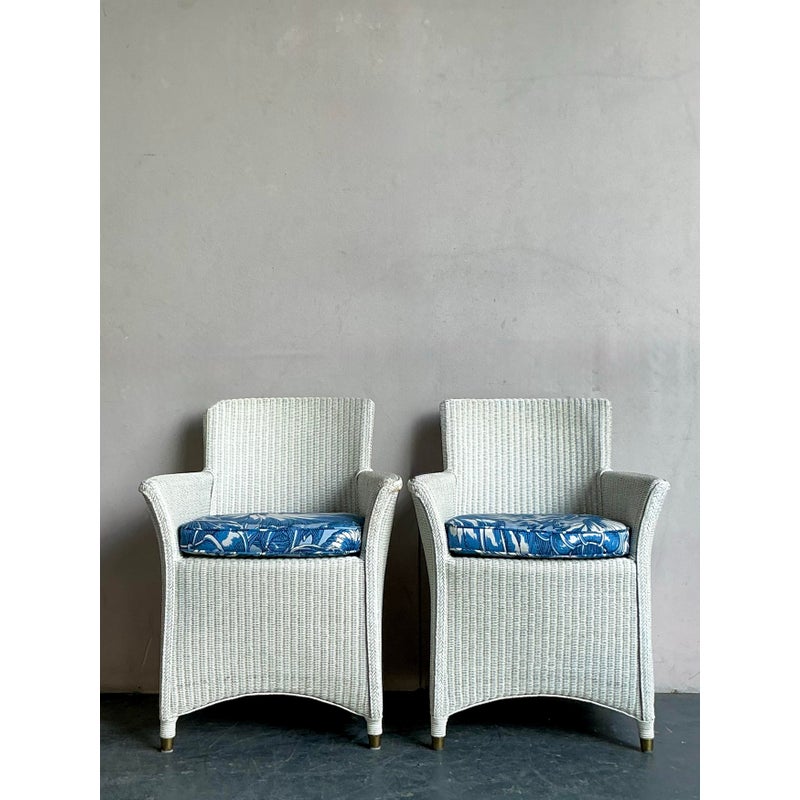 Vintage Boho Woven Rattan Lounge Chairs in Meg Braff Floral- A Pair - Back view