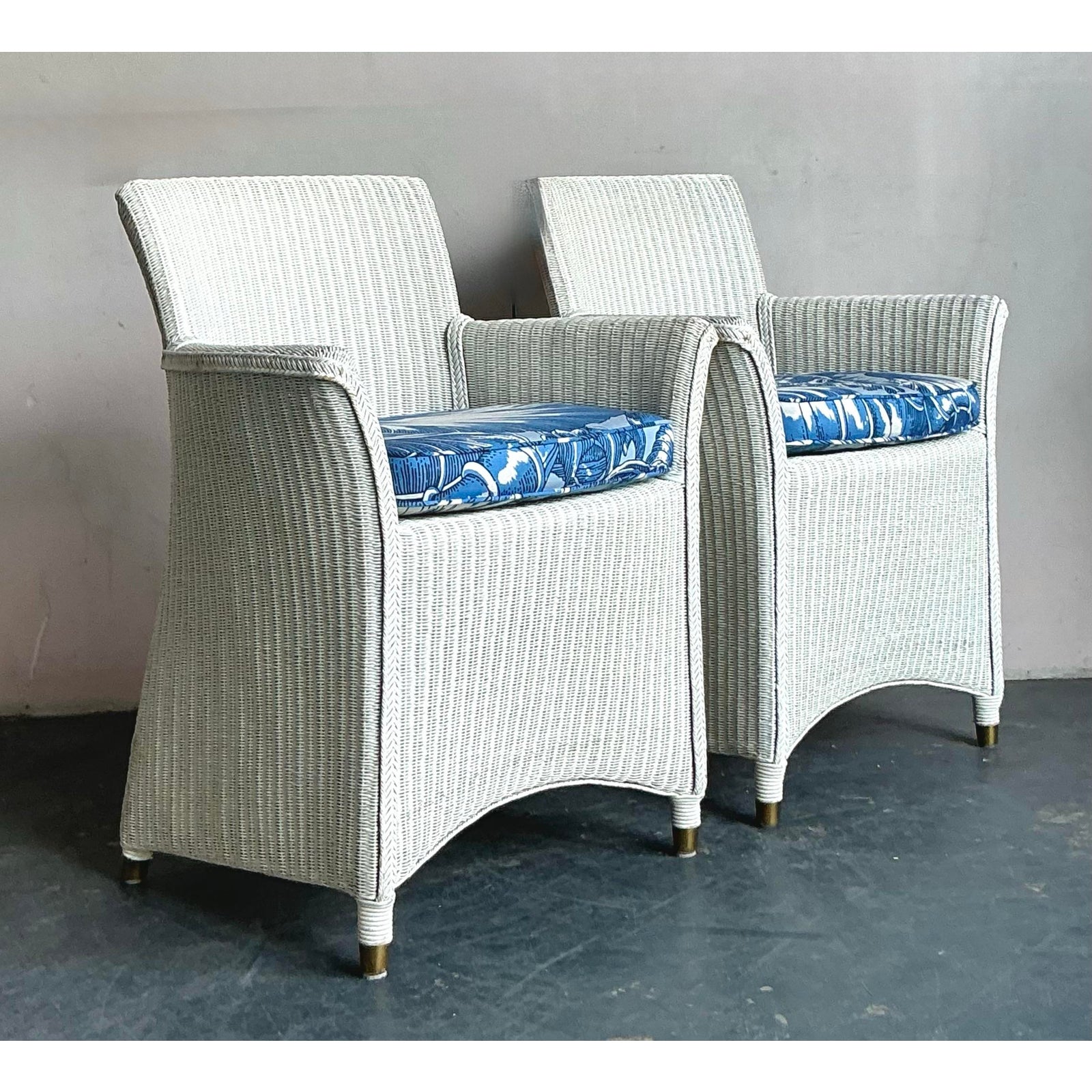 Vintage Boho Woven Rattan Lounge Chairs in Meg Braff Floral- A Pair - Detail view
