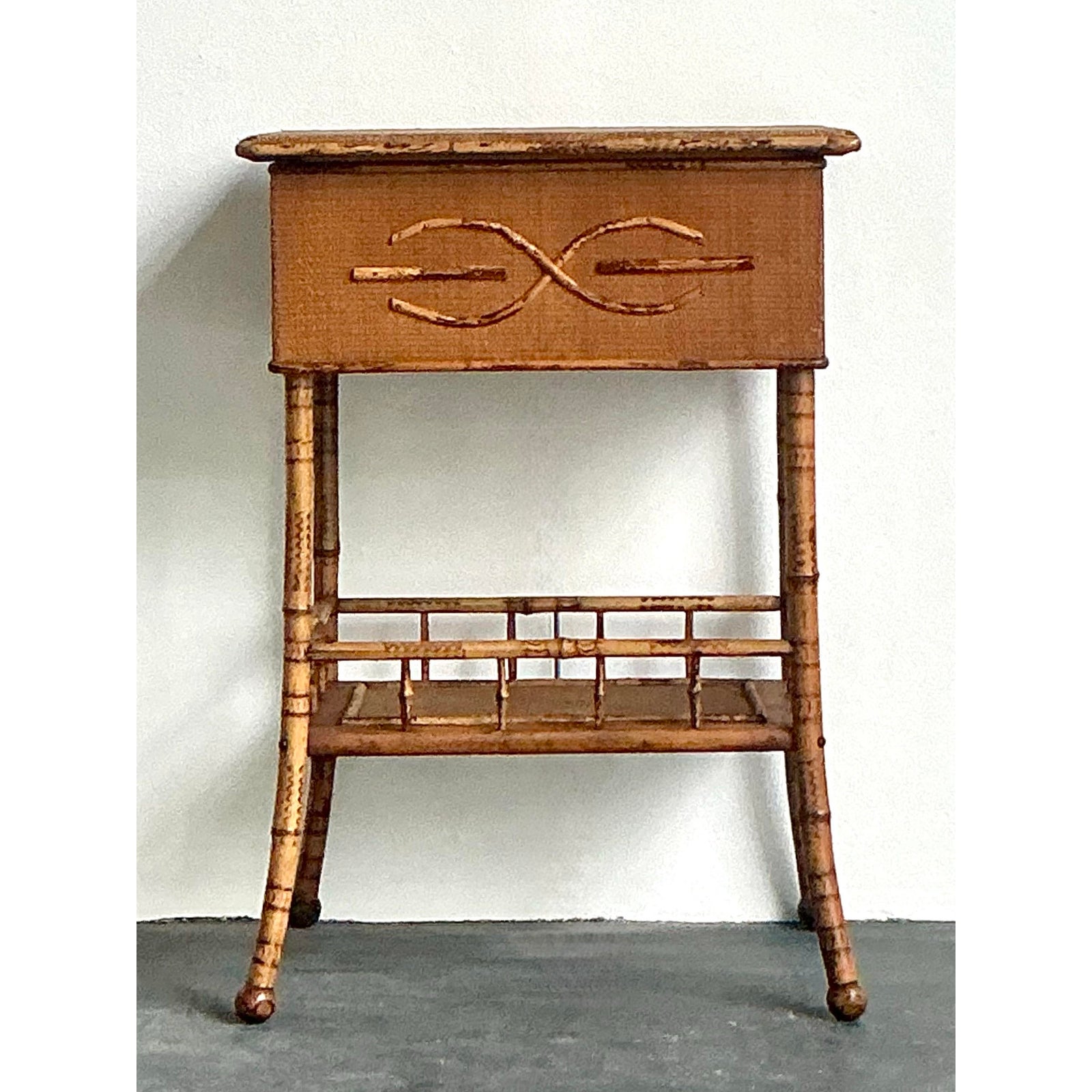 Vintage Boho Woven Rattan Pedestal Lidded Side Table - Side view