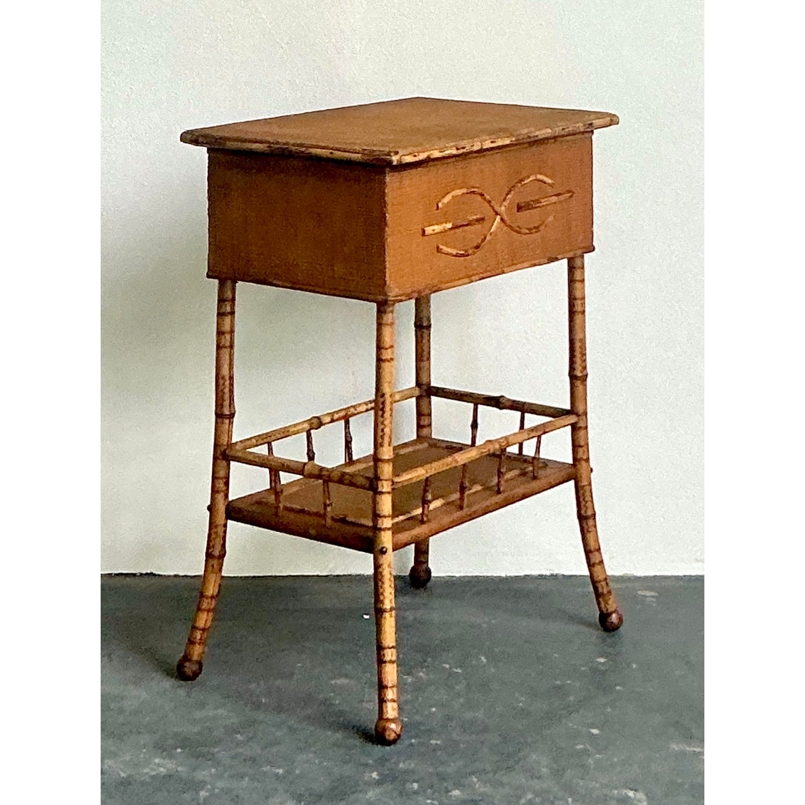 Vintage Boho Woven Rattan Pedestal Lidded Side Table - Top view