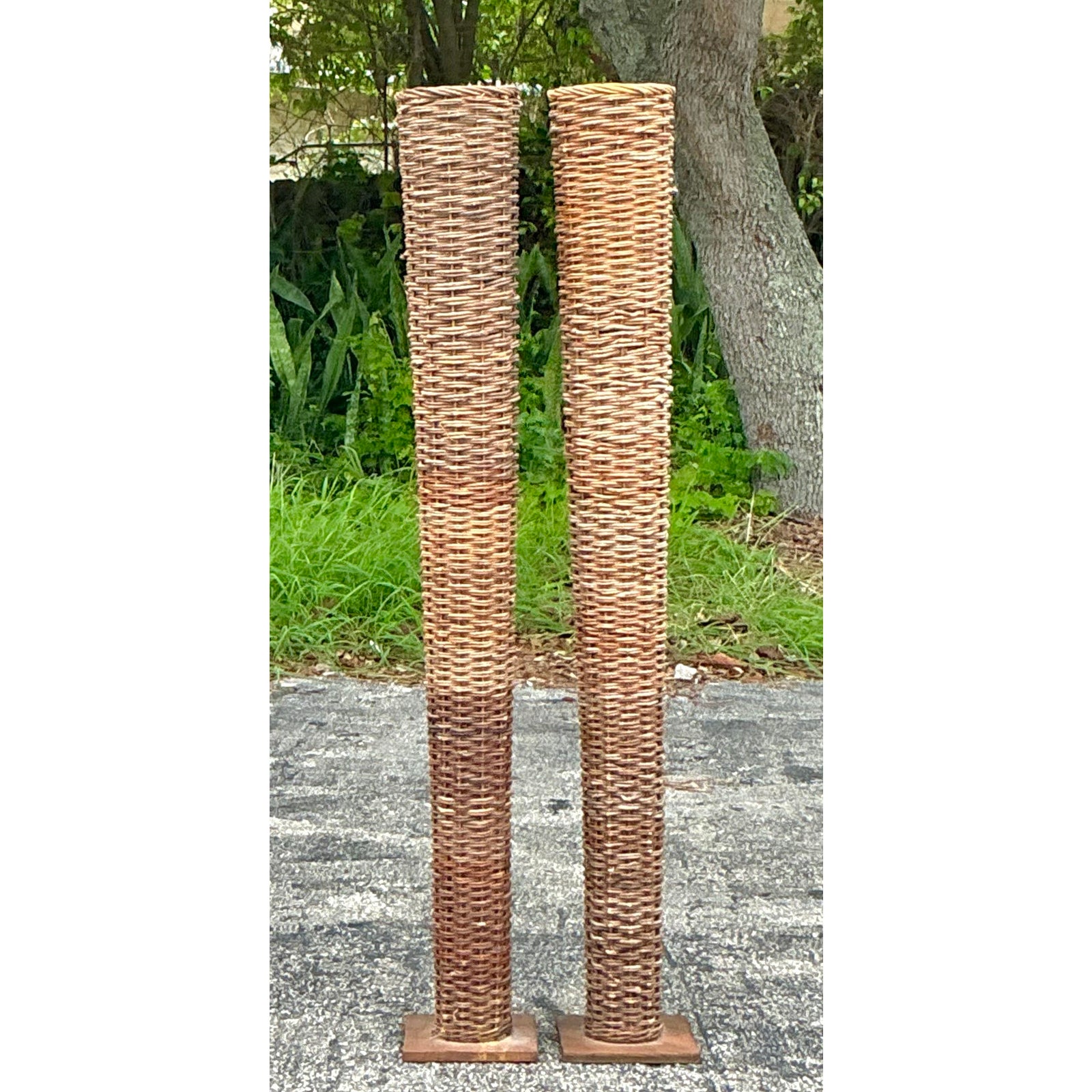 Vintage Boho Woven Rattan Tall Floor Vases - A Pair - Back view