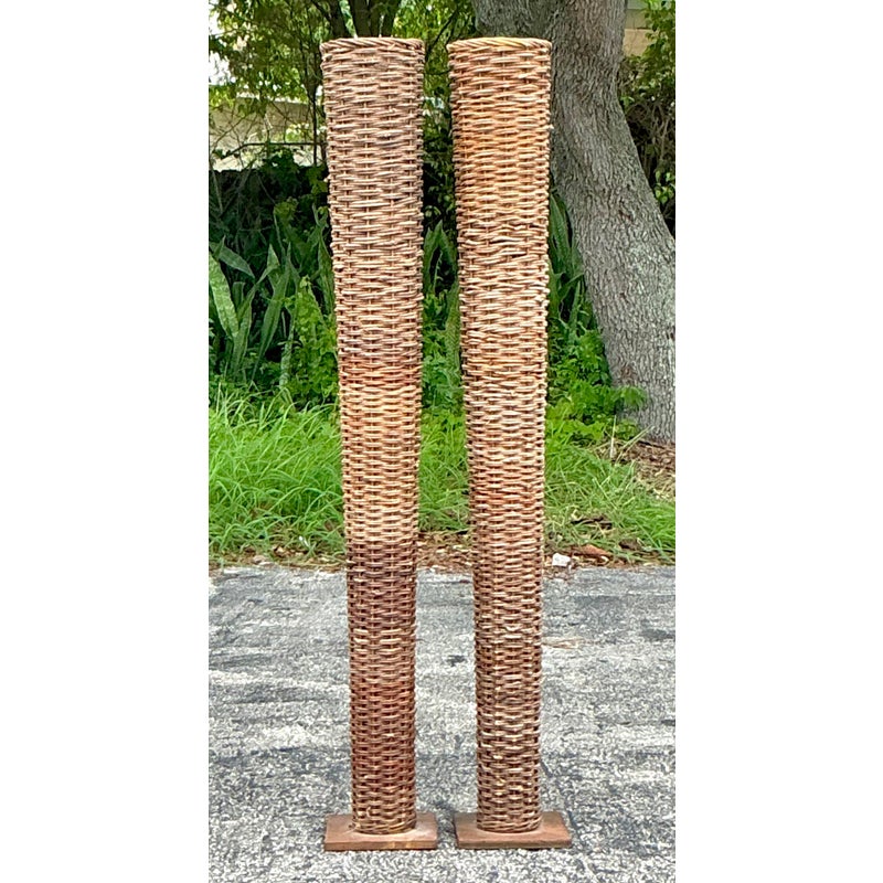 Vintage Boho Woven Rattan Tall Floor Vases - A Pair - Top view