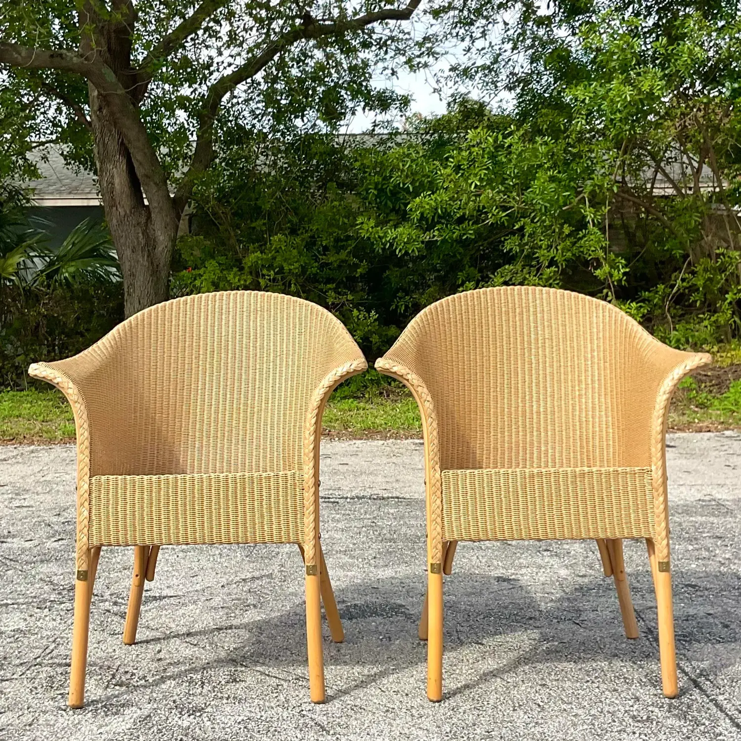 Vintage Boho Woven Rattan Tub Chairs After Lloyd and Loom - a Pair - Back view