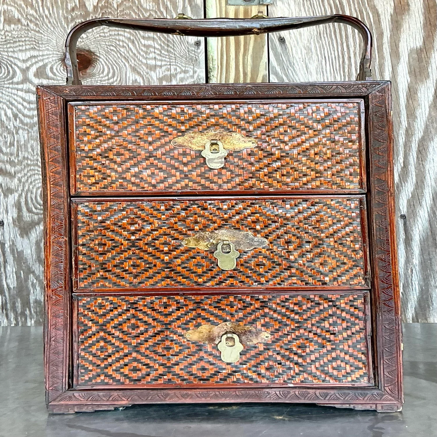Vintage Boho Woven Rattan Wedding Chest - Back view
