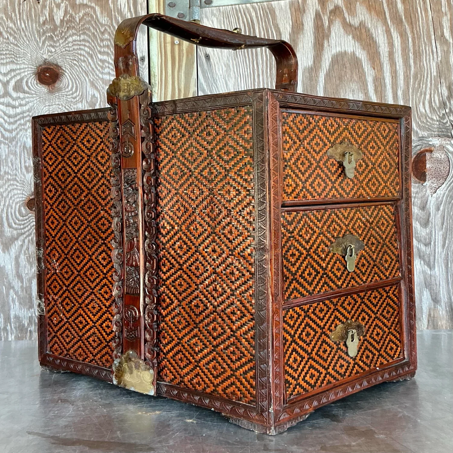 Vintage Boho Woven Rattan Wedding Chest - Top view