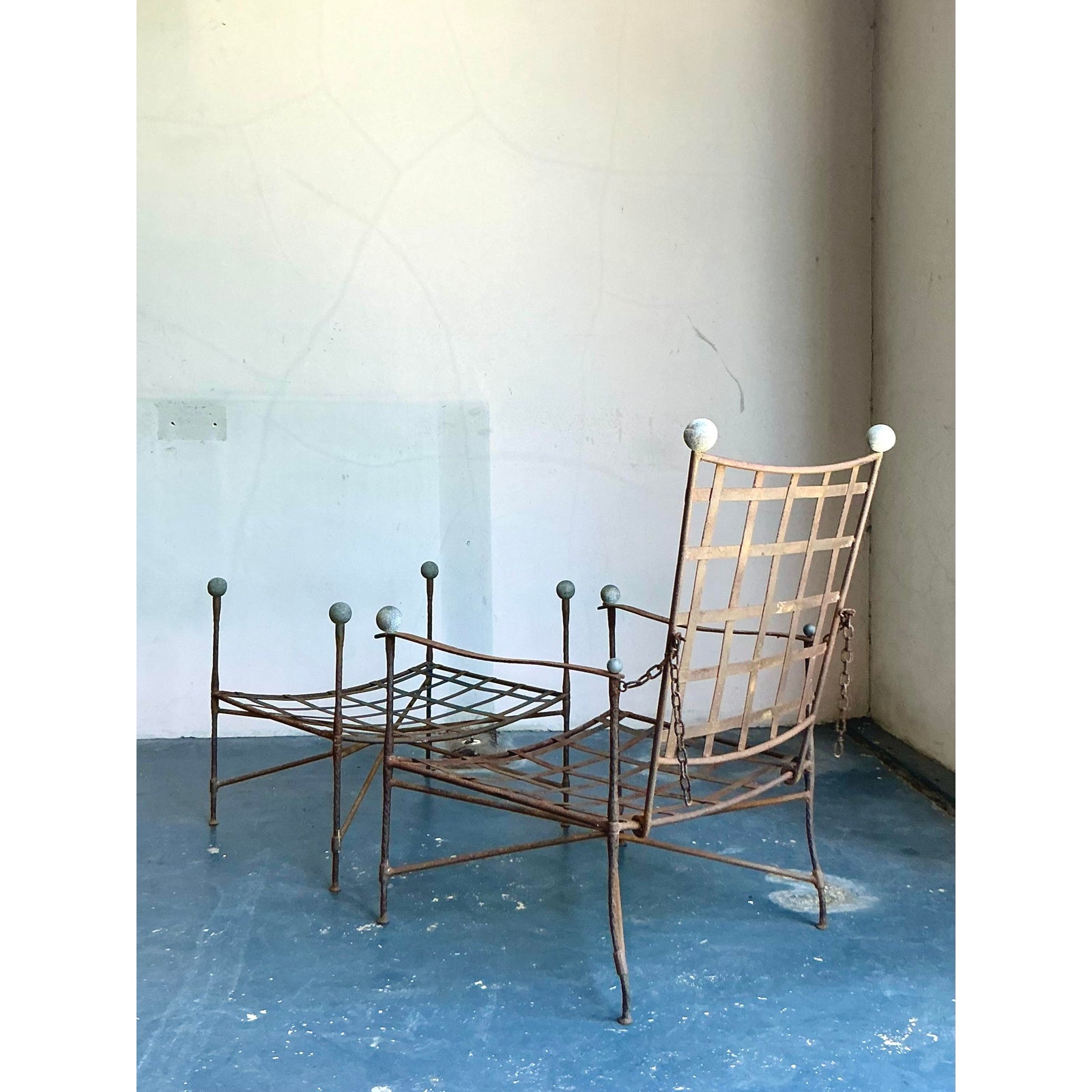 Vintage Boho Wrought Iron Lounge Chair and Ottoman After Tempestini, 2 Pieces - Top view
