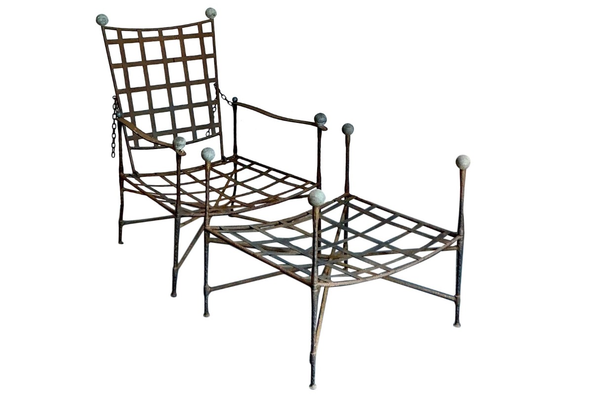 Vintage Boho Wrought Iron Lounge Chair and Ottoman After Tempestini, 2 Pieces - Top view