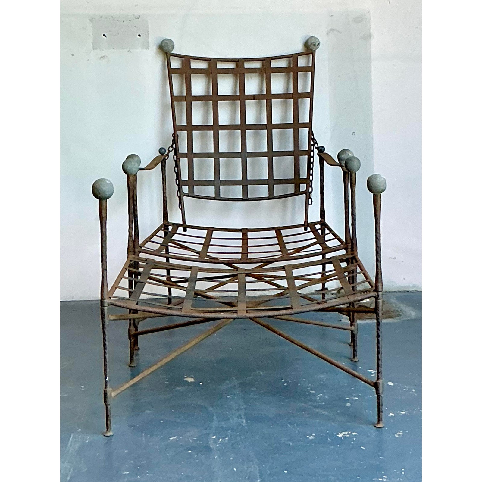 Vintage Boho Wrought Iron Lounge Chair and Ottoman After Tempestini, 2 Pieces - Back view