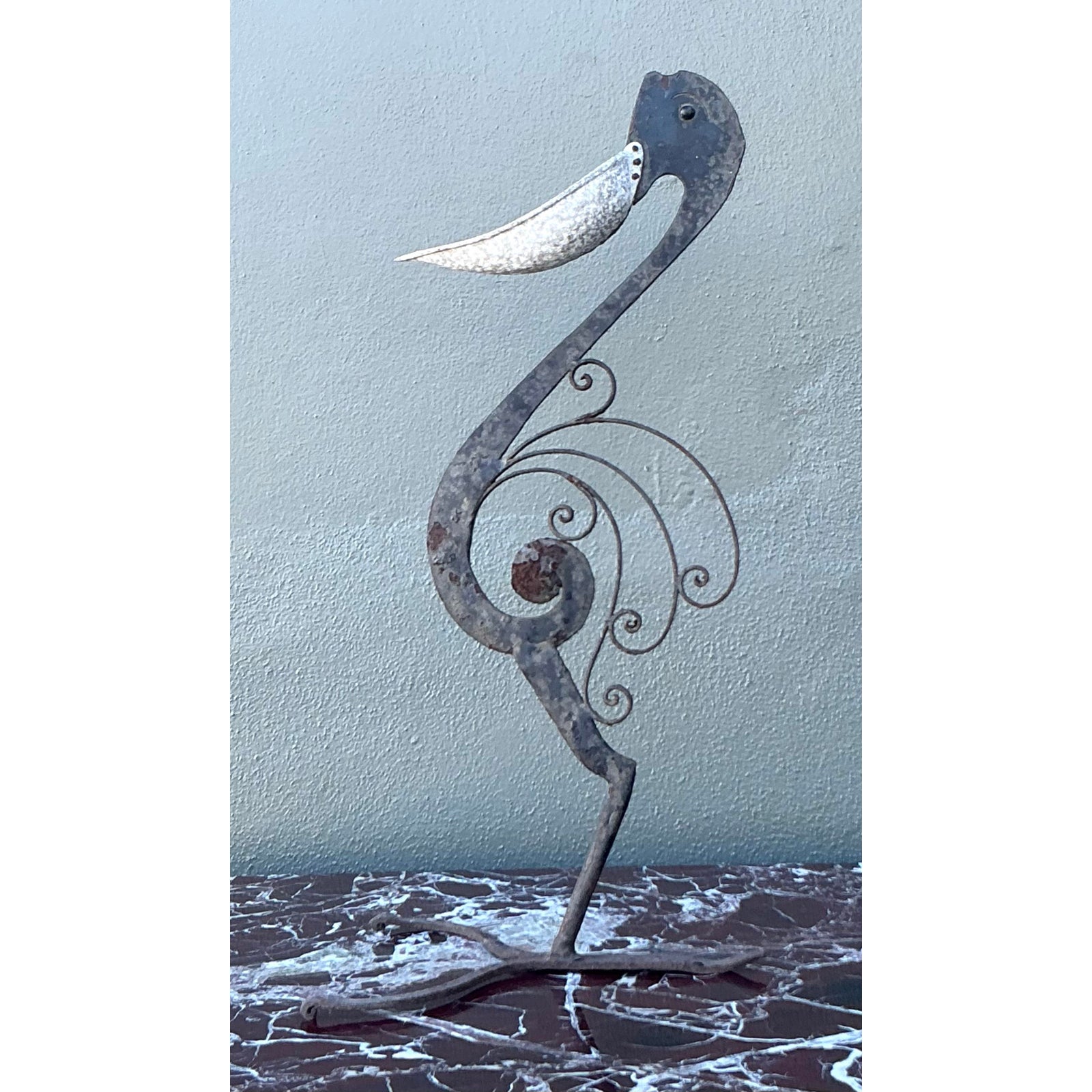 Vintage Boho Wrought Iron Pelican Sculpture - Detail view