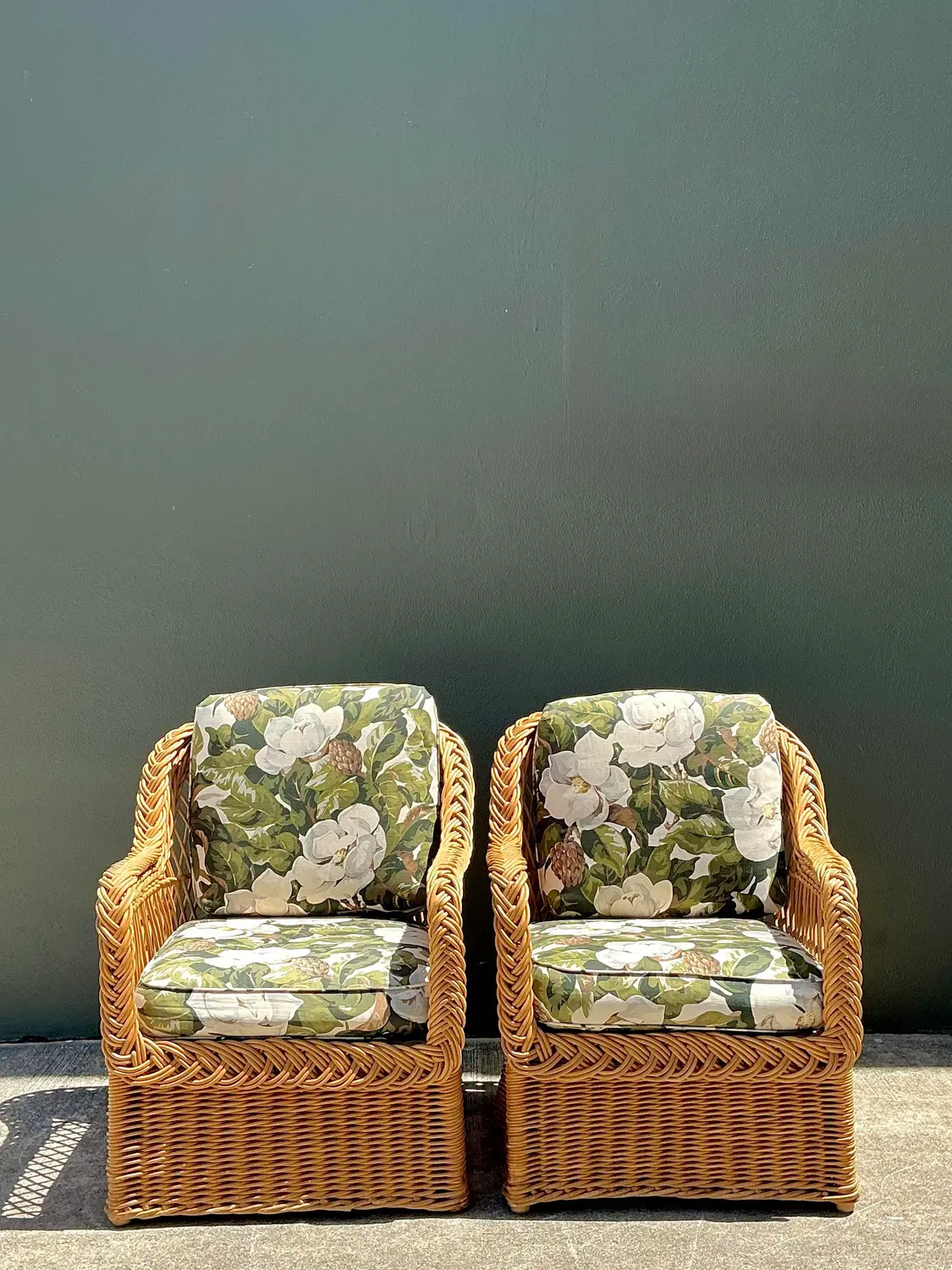 Vintage Braided Rattan Magnolia Print Lounge Chairs - A Pair - Back view