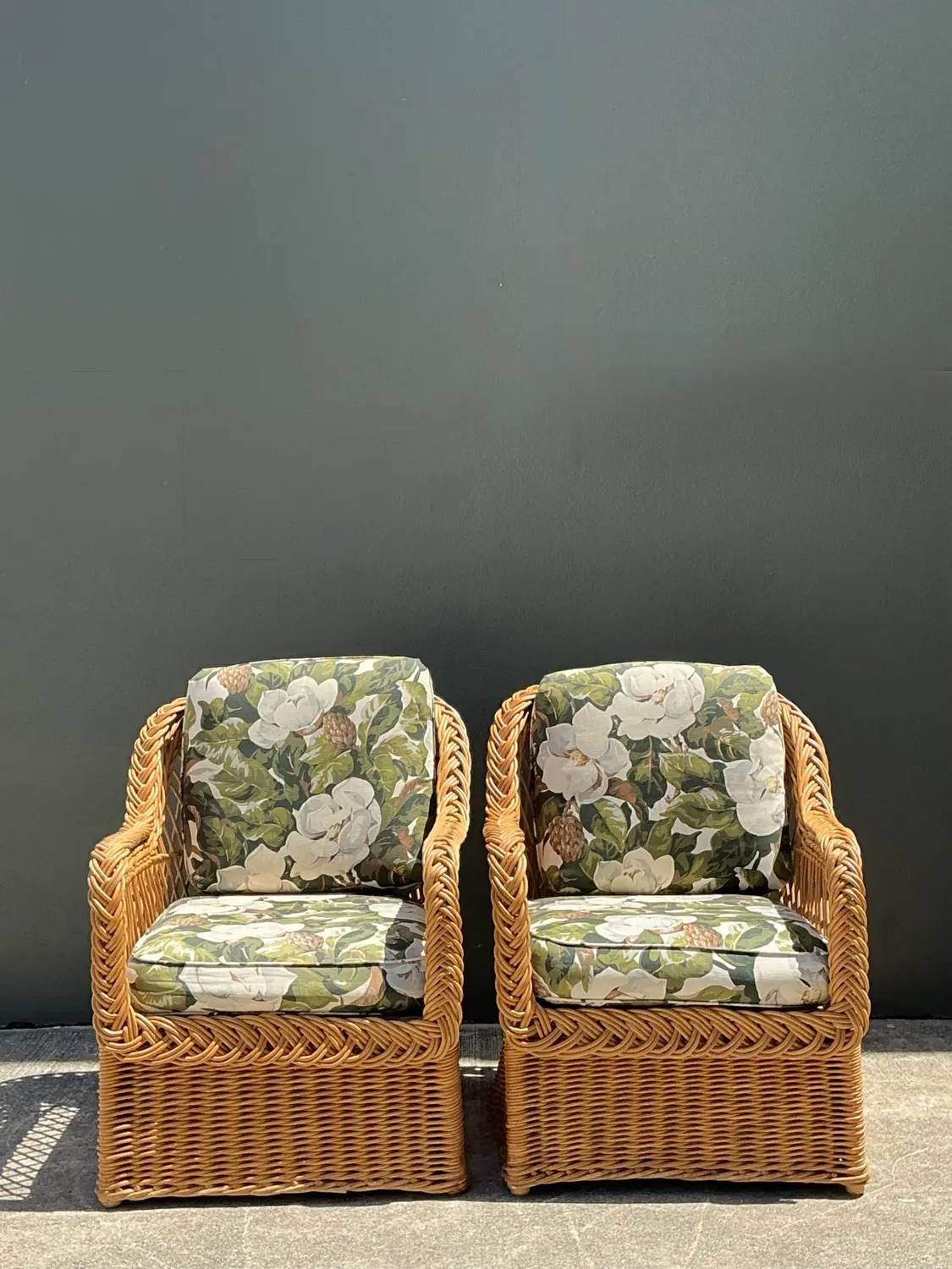 Vintage Braided Rattan Magnolia Print Lounge Chairs - A Pair - Side view