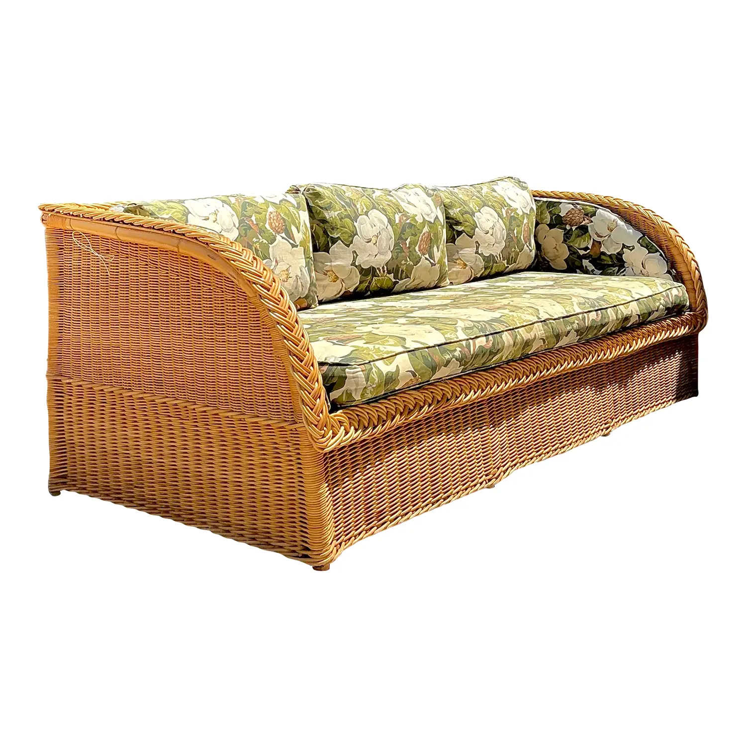 Vintage Braided Rattan Magnolia Print Sofa