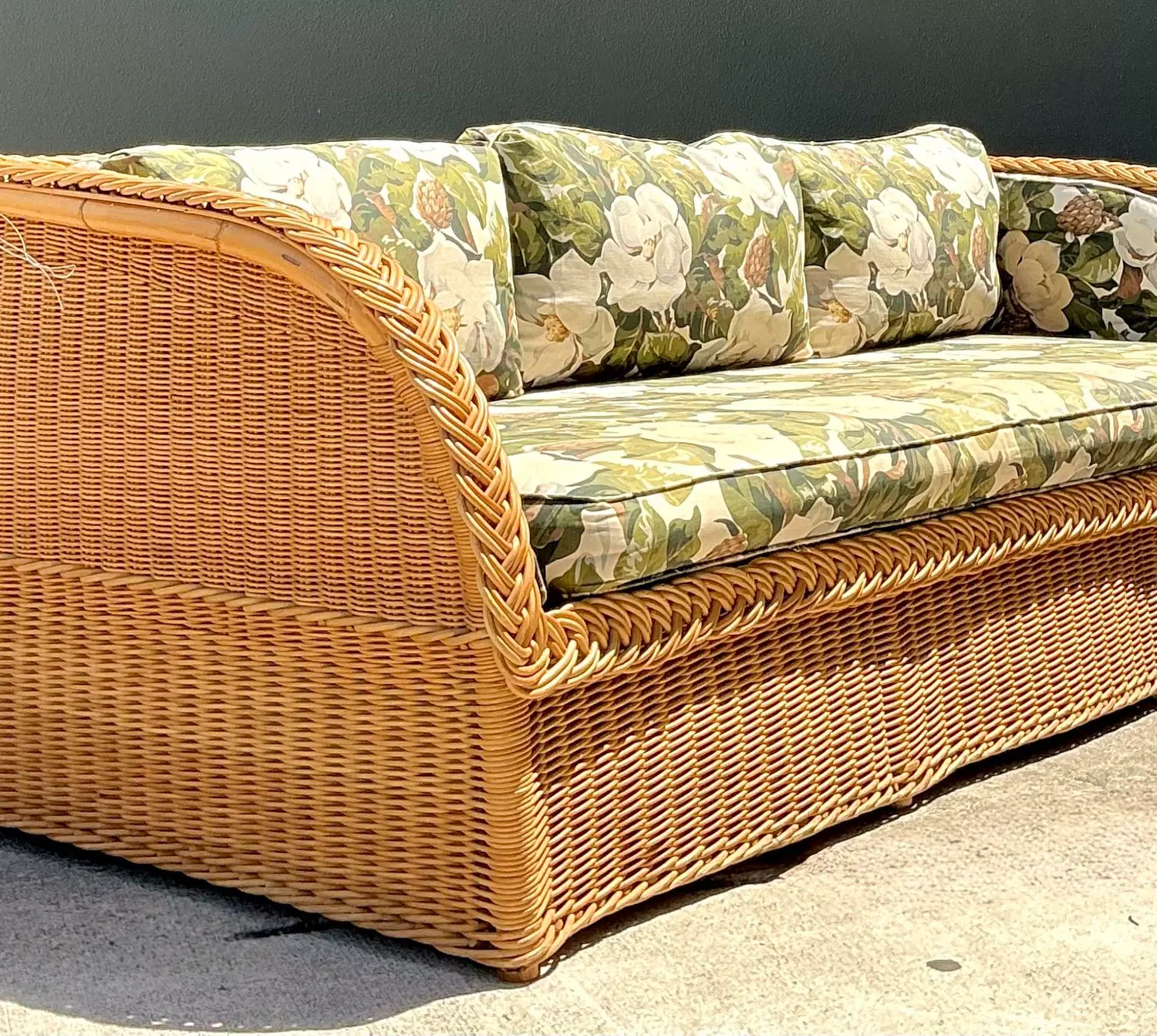 Vintage Braided Rattan Magnolia Print Sofa - Side view