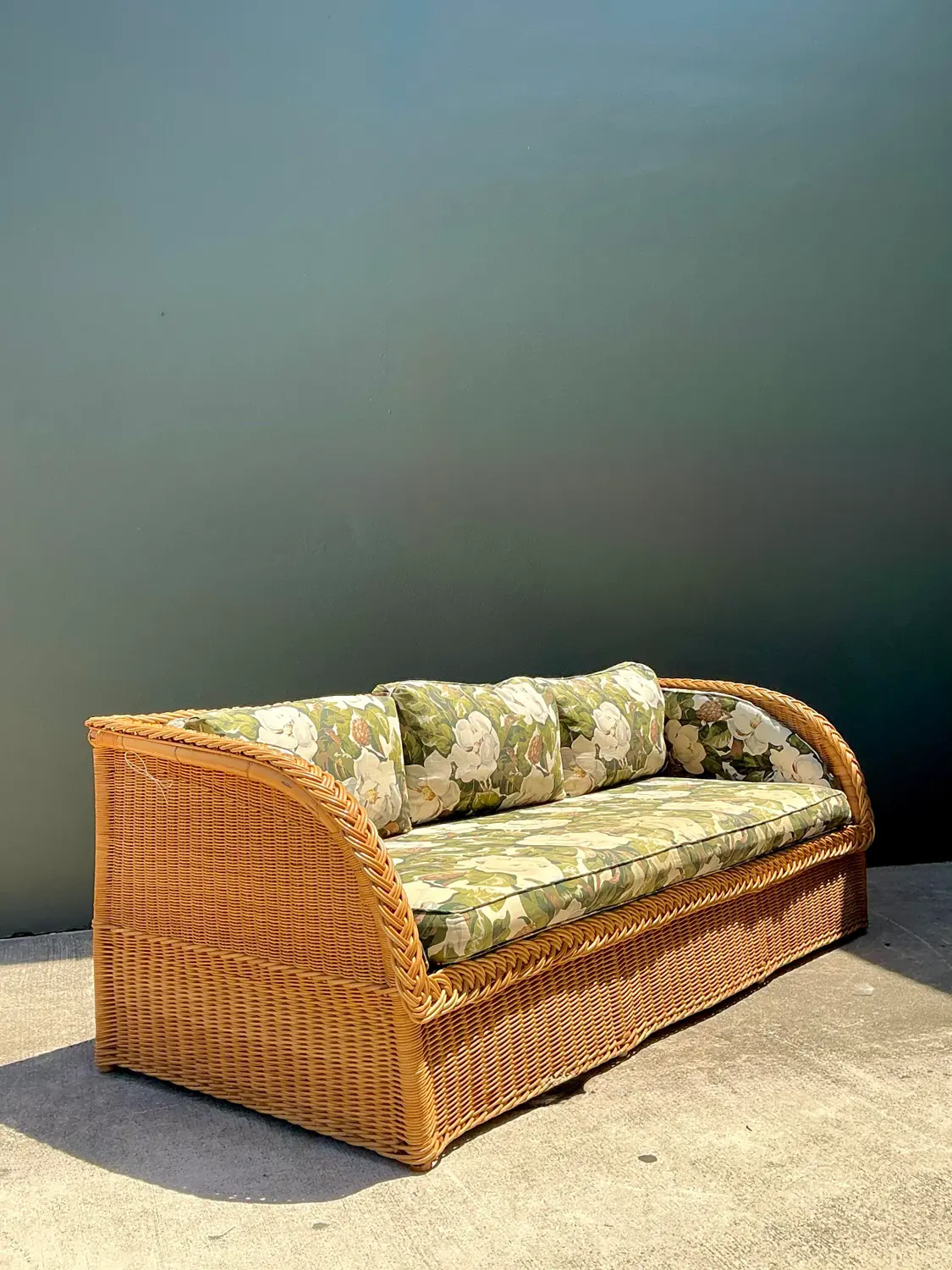 Vintage Braided Rattan Magnolia Print Sofa - Detail view
