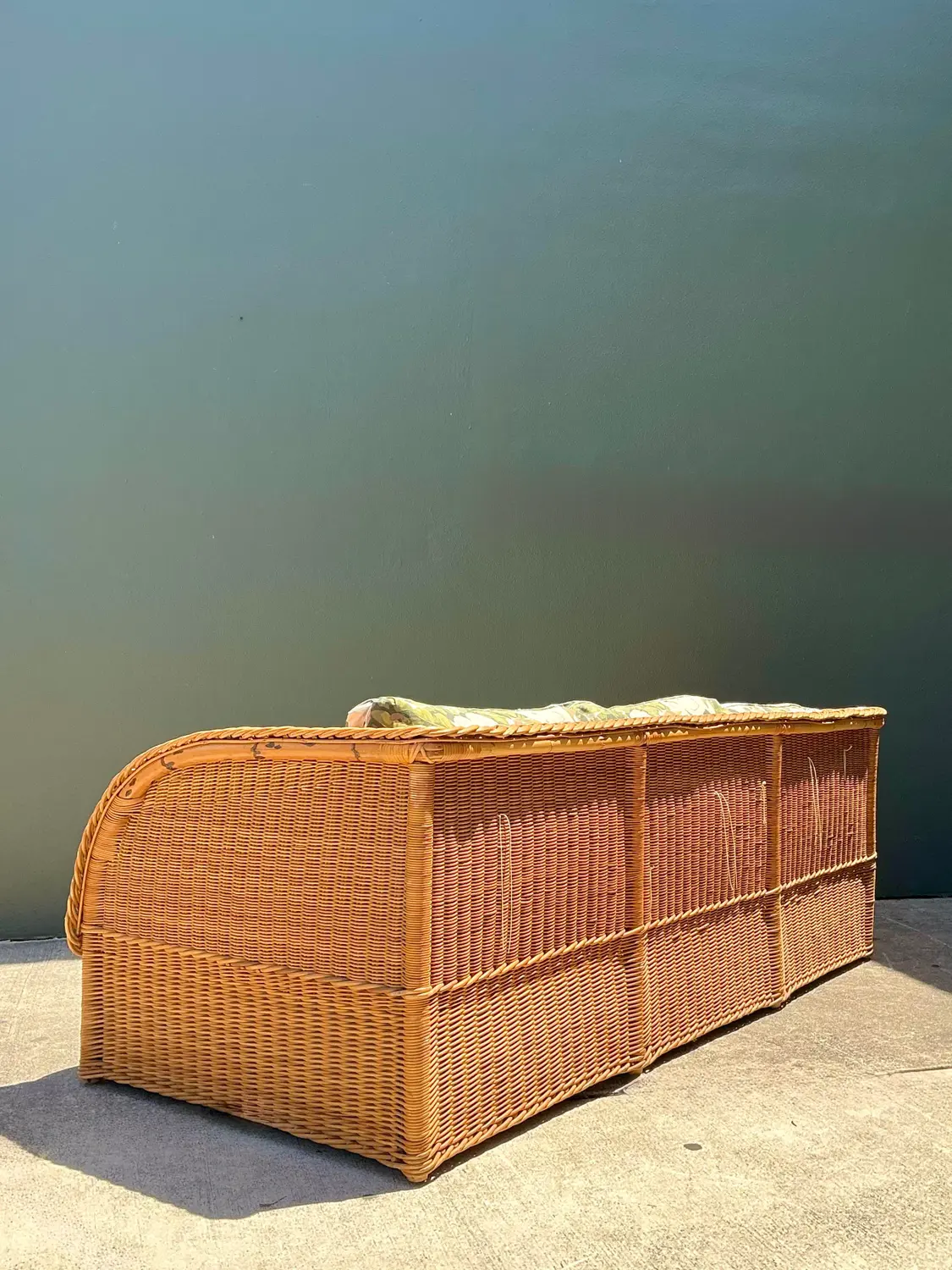 Vintage Braided Rattan Magnolia Print Sofa - Top view