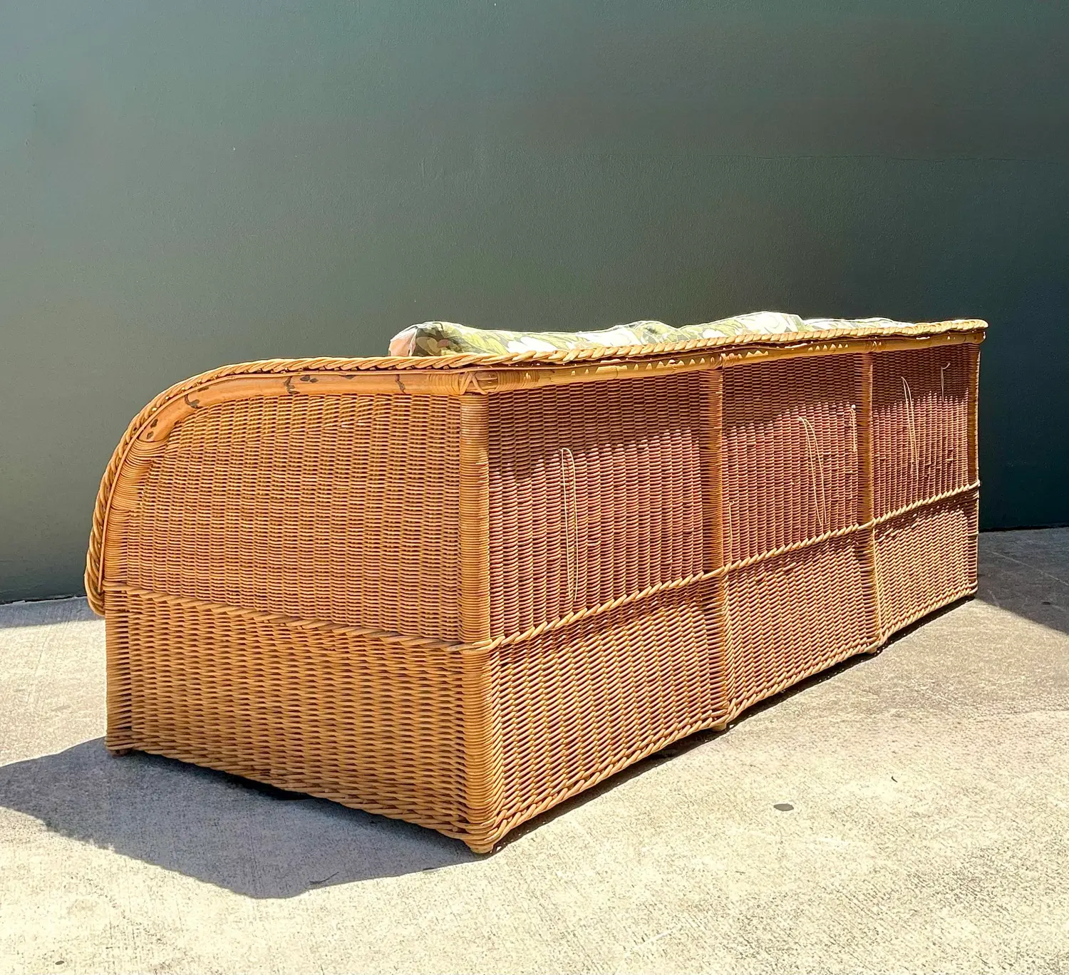 Vintage Braided Rattan Magnolia Print Sofa - Back view