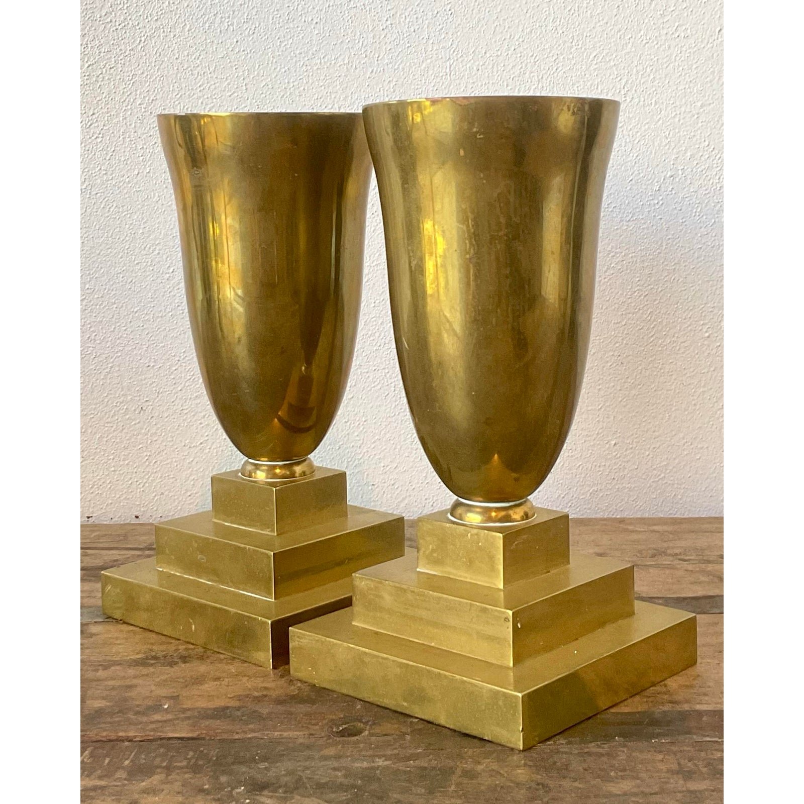 Vintage Brass Pedestal Urns - A Pair - Back view