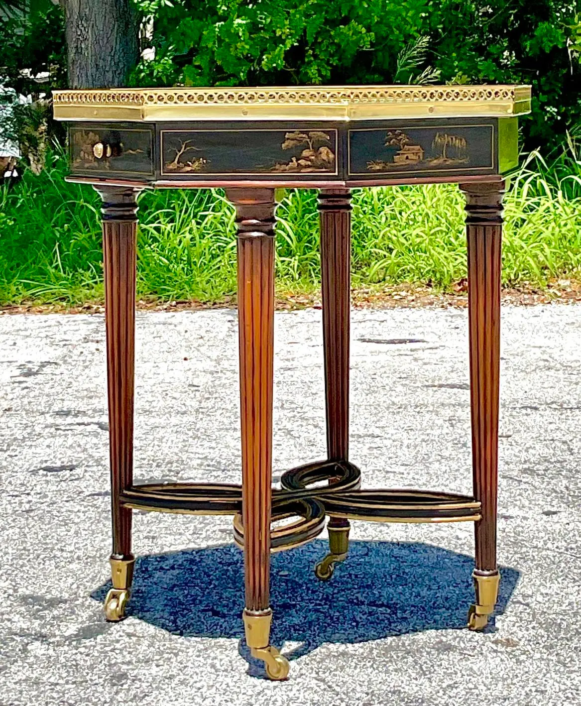 Vintage Brass Running Rail and Chinoiserie Octogon Side Table - Side view