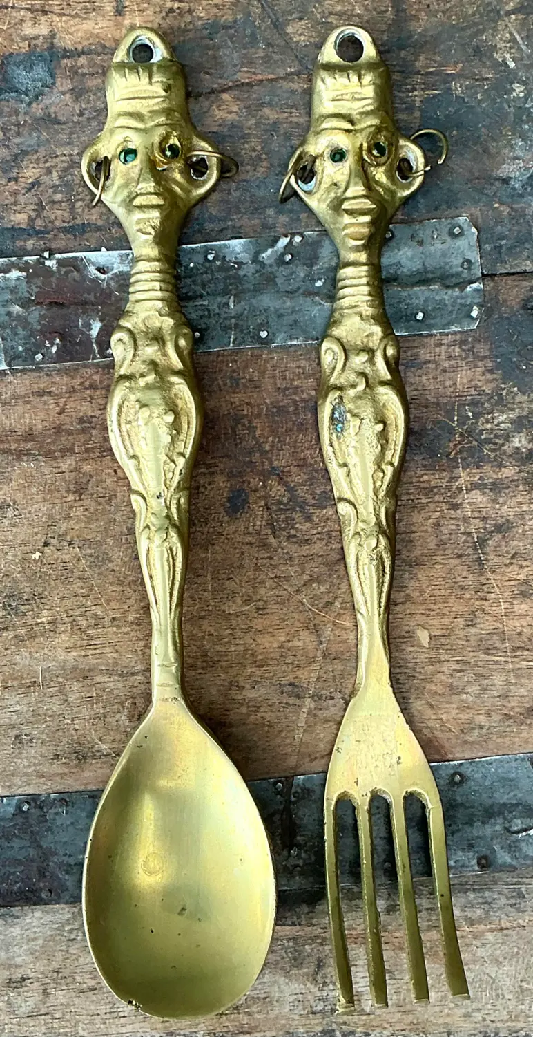 Vintage Brass Tribal Serving Set - Back view