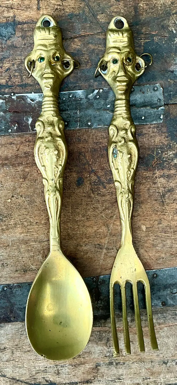 Vintage Brass Tribal Serving Set - Side view