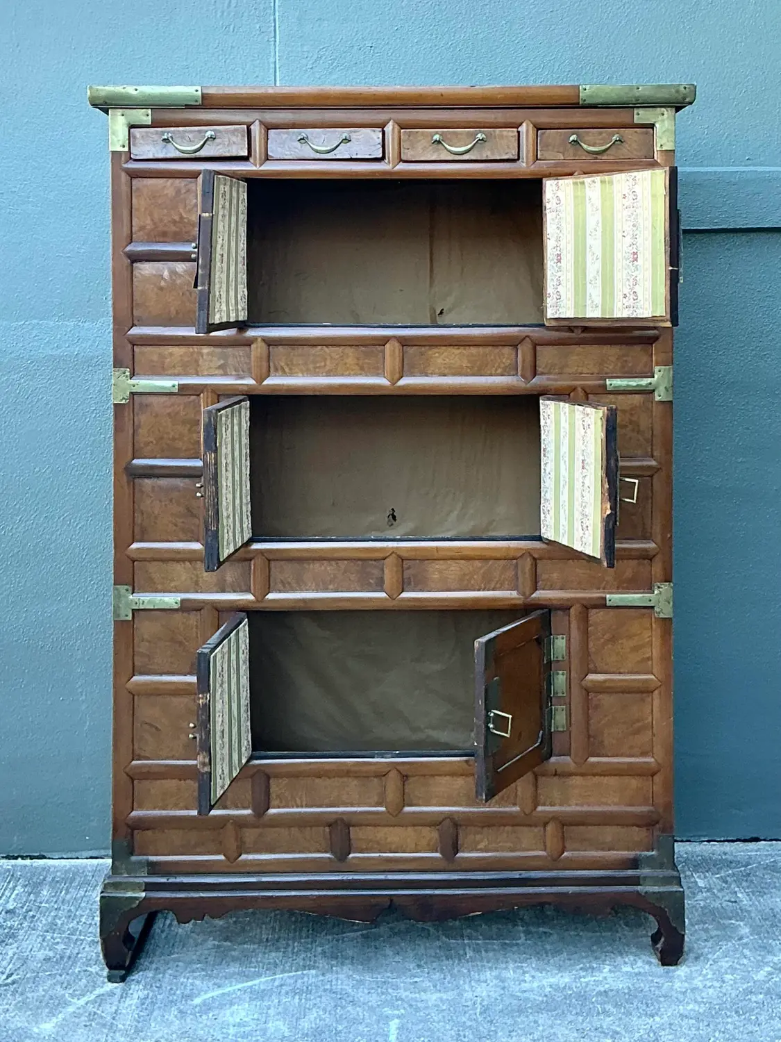Vintage Brass Trimmed Burl Wood Cabinet - Detail view