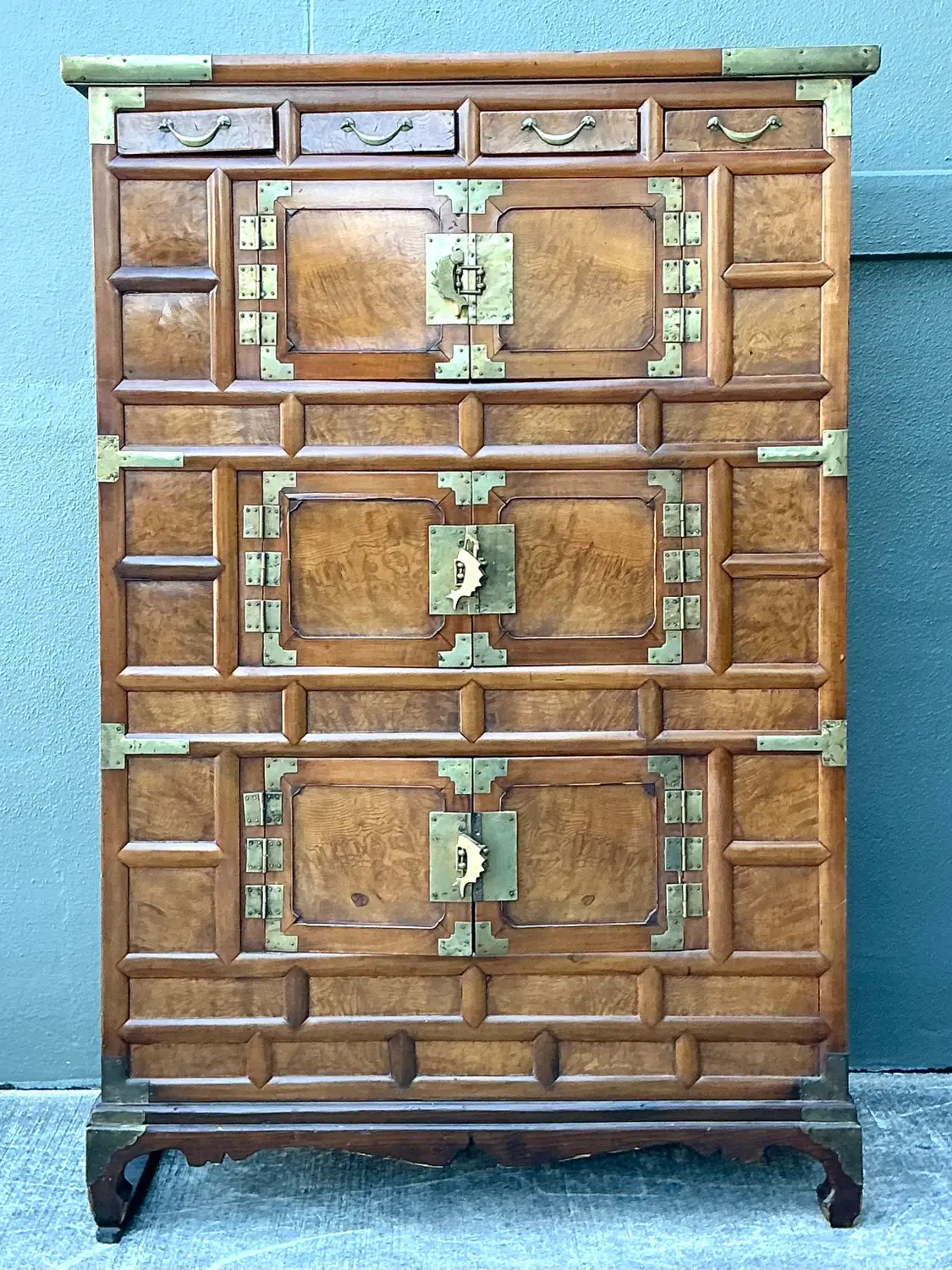 Vintage Brass Trimmed Burl Wood Cabinet - Side view