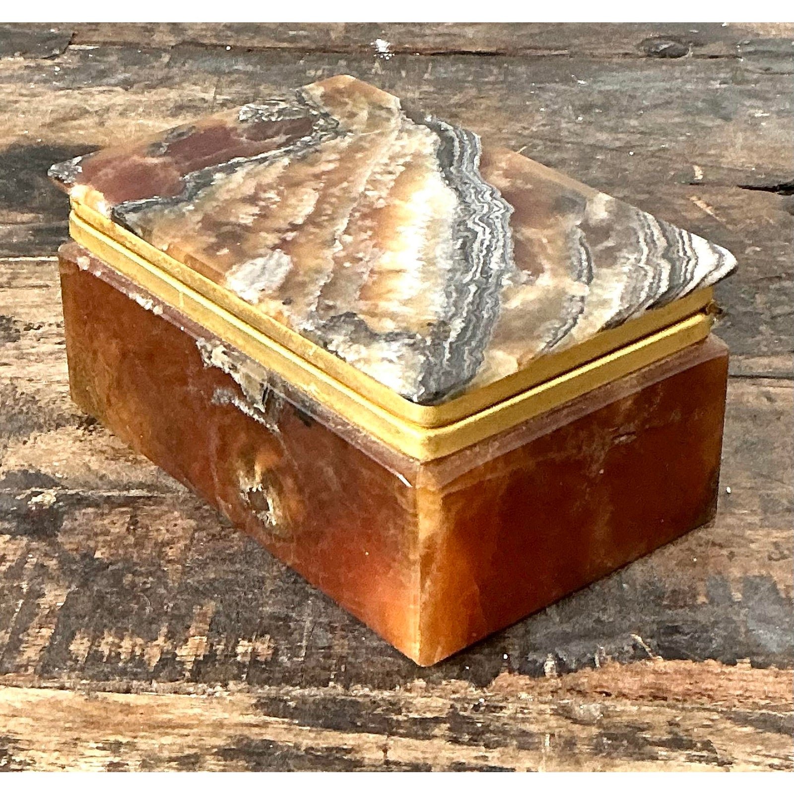Vintage Brass Trimmed Stone Box - Back view