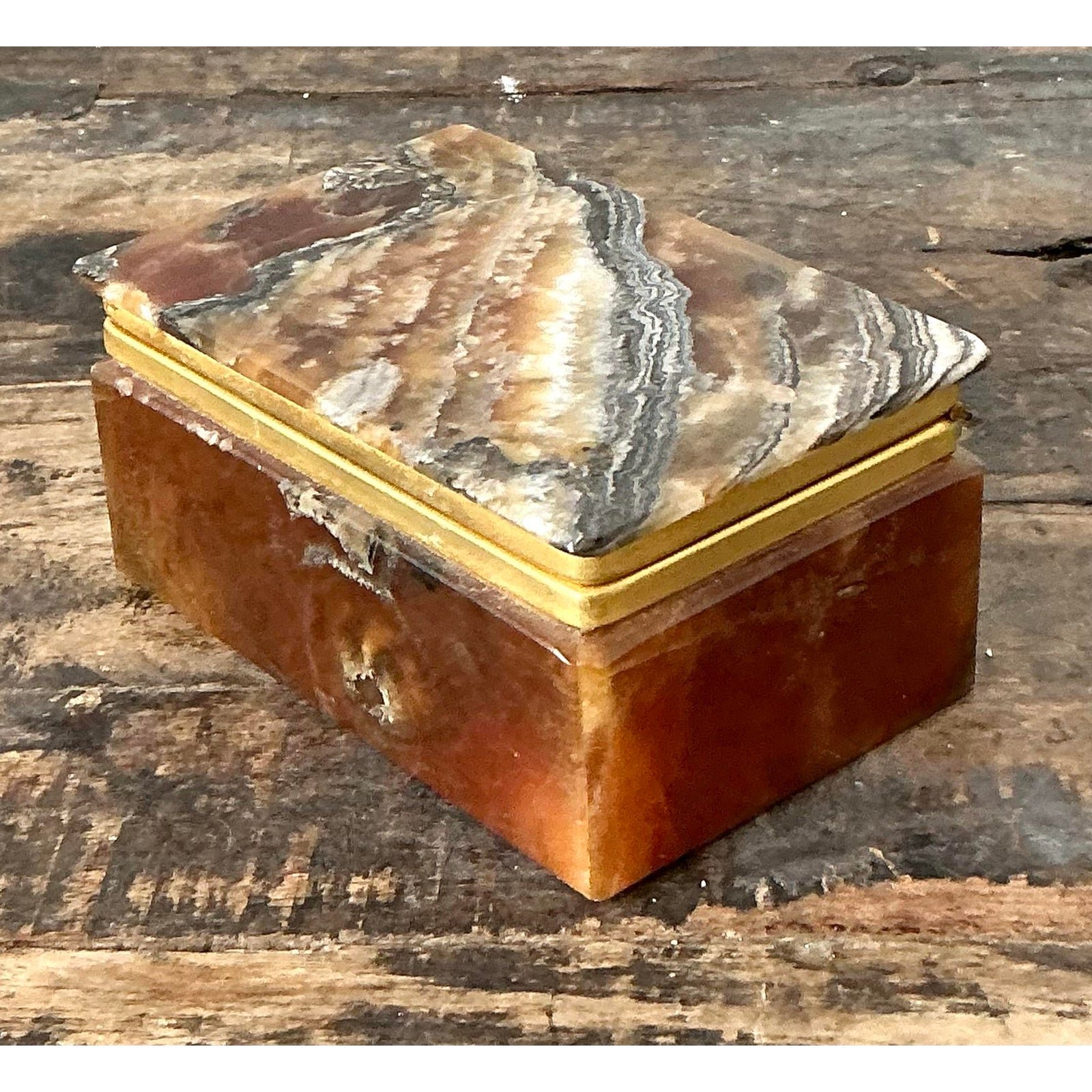 Vintage Brass Trimmed Stone Box - Top view