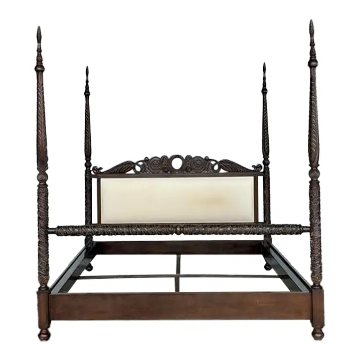 Vintage British Colonial Carved King Poster Bed