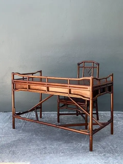 Vintage Brown Jordan Fretwork Rattan Writing Desk and Chair - Detail view