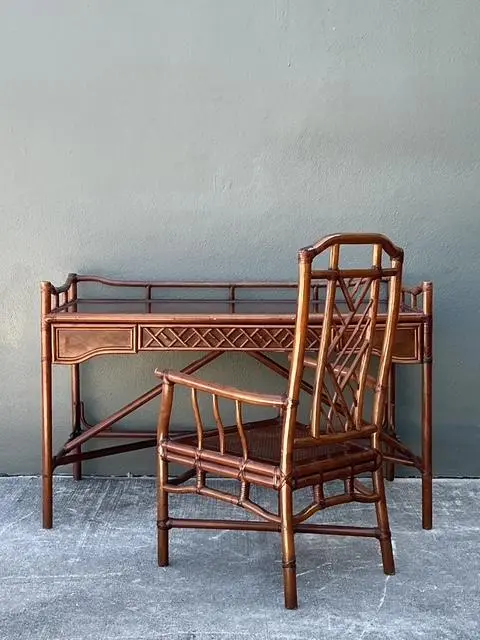 Vintage Brown Jordan Fretwork Rattan Writing Desk and Chair - Side view