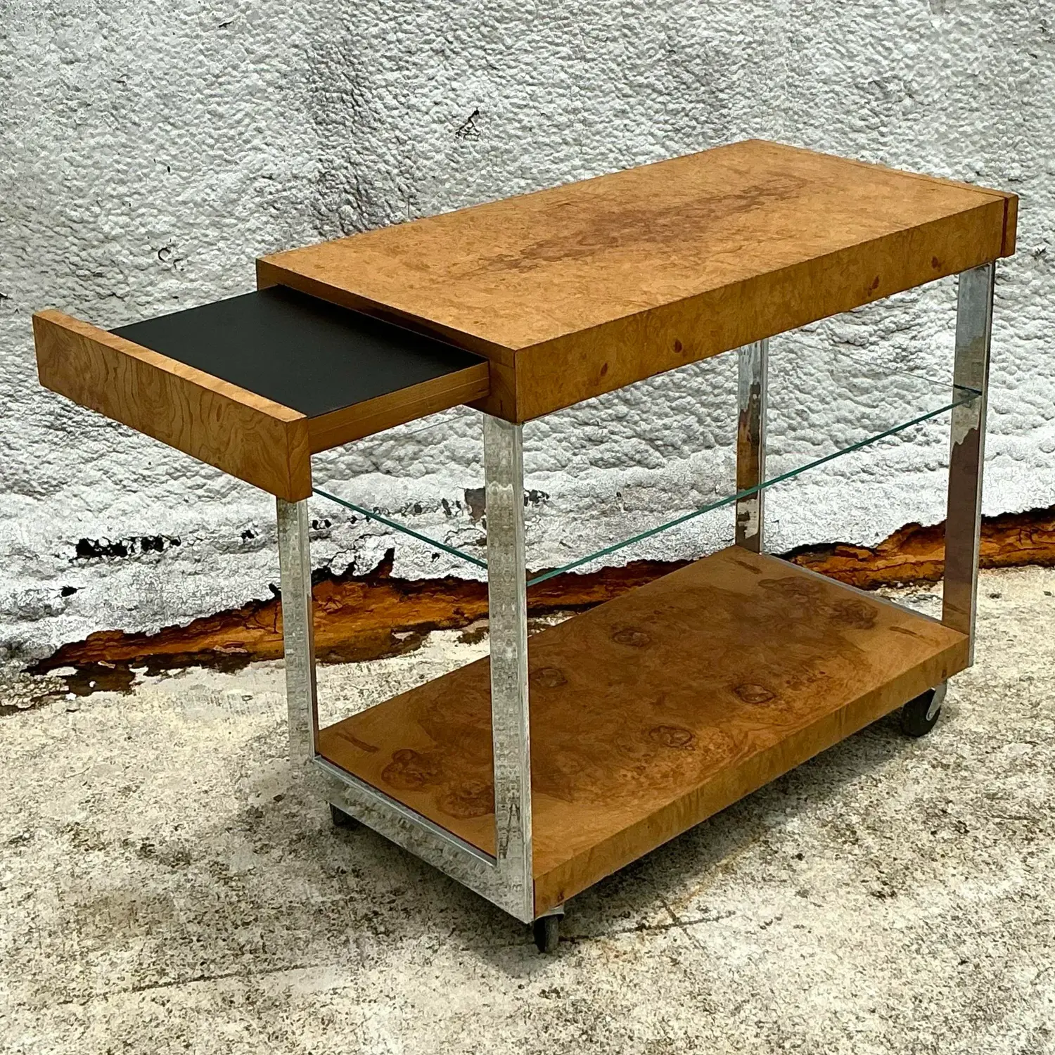 Vintage Burl Wood Extendable Bar Cart After Milo Baughman - Side view