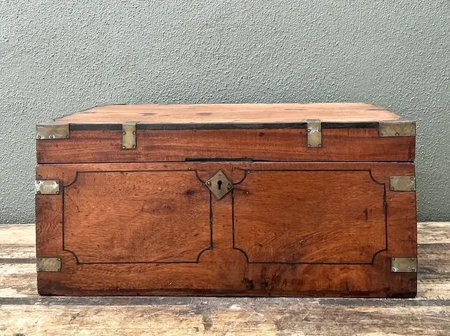 Vintage Campaign Wood Box With Brass Detail - Side view