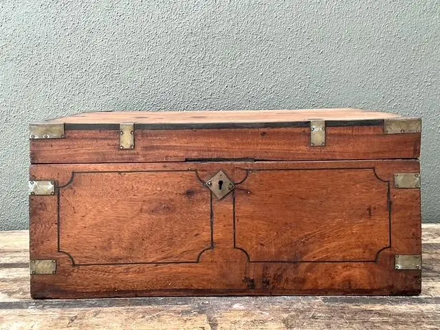 Vintage Campaign Wood Box With Brass Detail - Top view