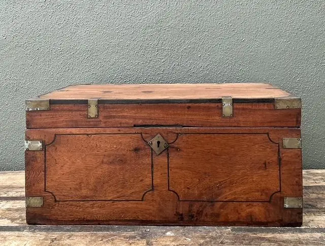 Vintage Campaign Wood Box With Brass Detail - Back view