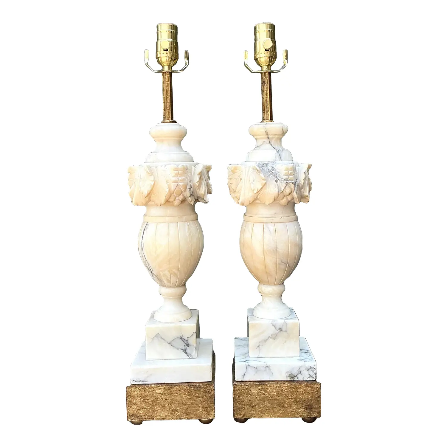 Vintage Carved Alabaster Leaves Lamps - A Pair