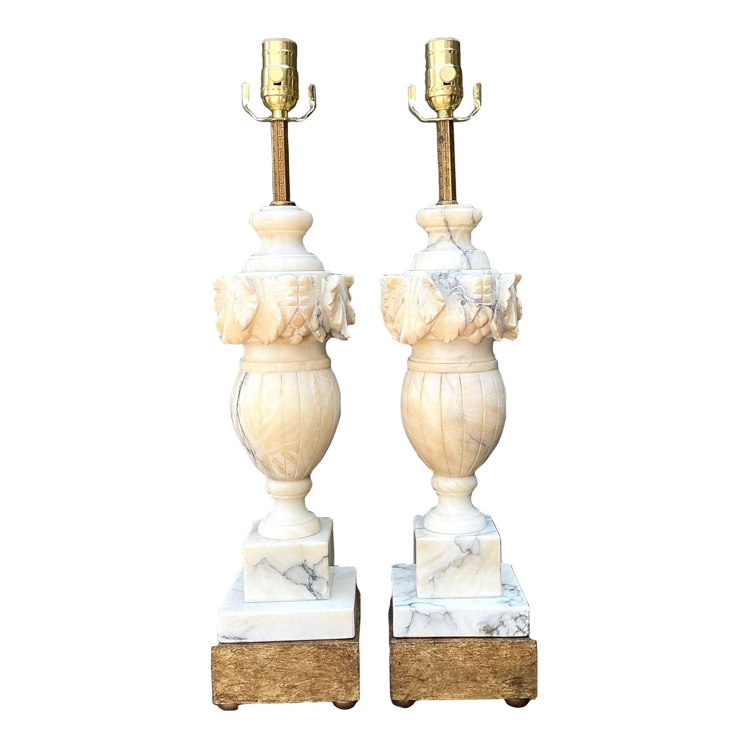 Vintage Carved Alabaster Leaves Lamps - A Pair - Detail view