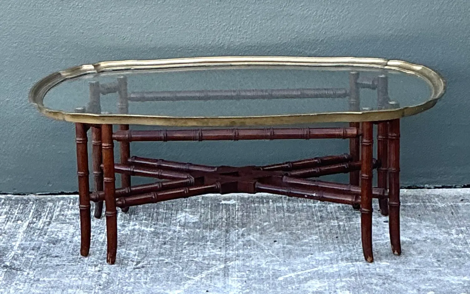 Vintage Carved Bamboo Coffee Table With Brass Framed Glass Top - Side view