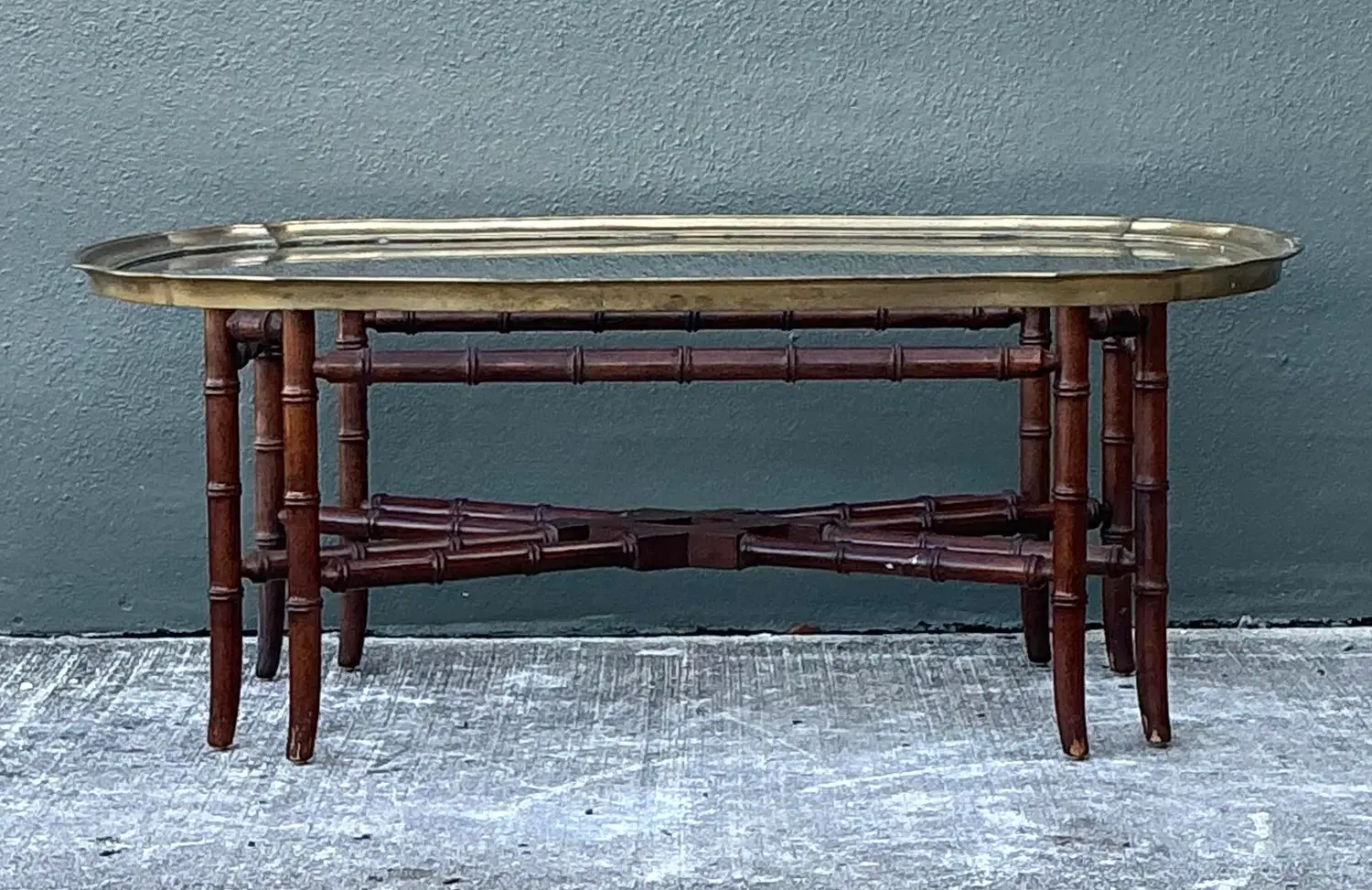 Vintage Carved Bamboo Coffee Table With Brass Framed Glass Top - Detail view