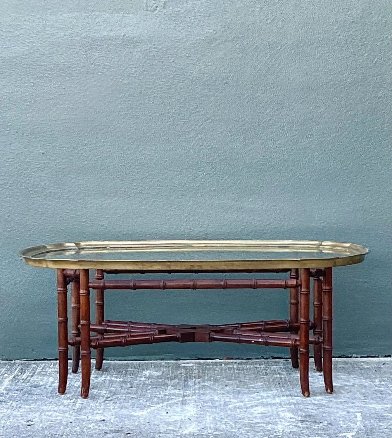 Vintage Carved Bamboo Coffee Table With Brass Framed Glass Top - Back view