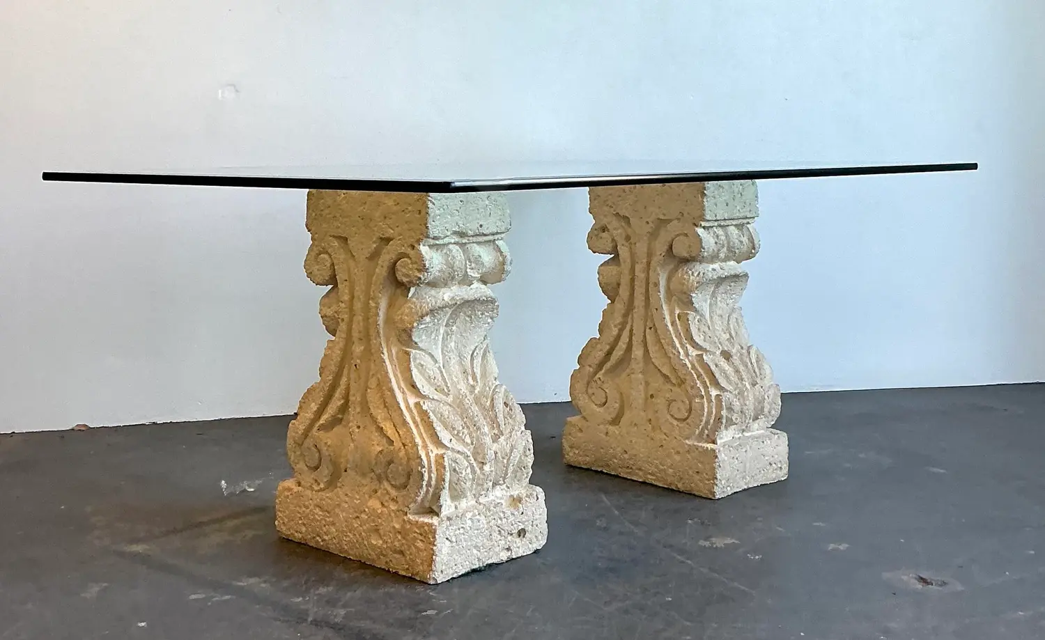 Vintage Carved Coquina Stone Pedestal Dining Table - Detail view