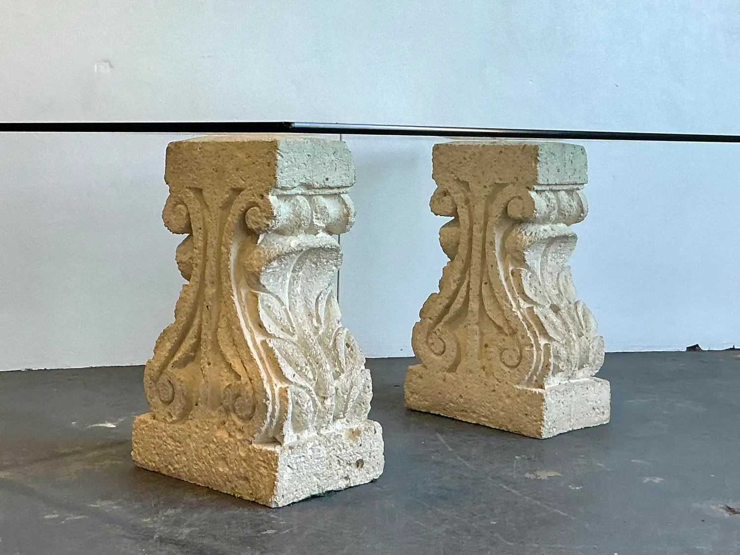 Vintage Carved Coquina Stone Pedestal Dining Table - Side view